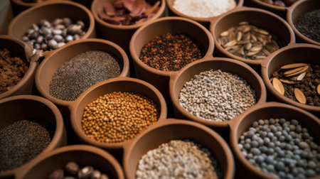 Spices and herbs in bowls. Food and cuisine ingredients. close upの素材