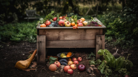 Fruit and vegetable garden. Autumn harvest in a wooden box.の素材