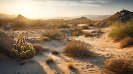 Desert landscape with cactuses in Joshua Tree National Park, Californiaの素材