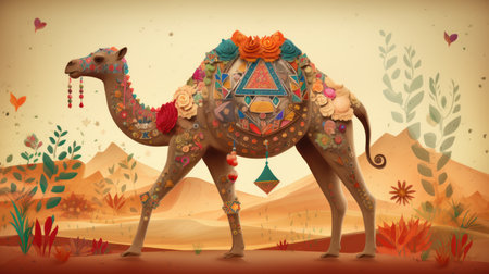 Camels in the desert. 3D illustration. Vintage style.の素材