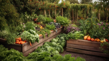 Vegetables in wooden boxes in the garden. Selective focus.の素材