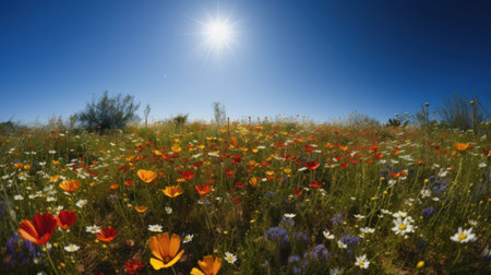 poppies and sun in a meadow with blue sky backgroundの素材
