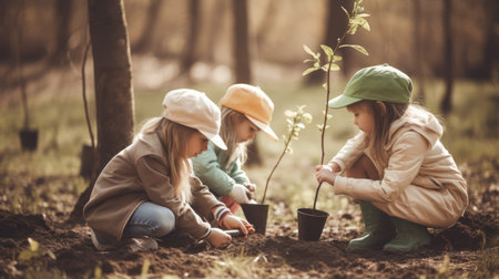 Cute little girls planting trees in the garden. Selective focus.の素材