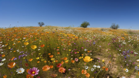 Colorful meadow with wildflowers and blue sky background.の素材