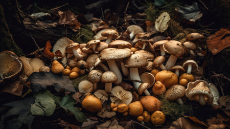 Mushrooms on the forest floor in autumn. Selective focus.の素材