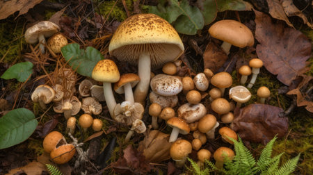 Mushrooms on the ground in the forest. Autumn season.の素材
