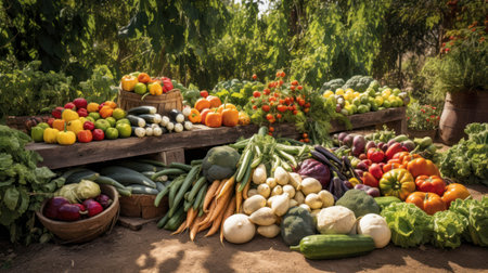 Variety of fresh organic vegetables and fruits in a farmers market.の素材