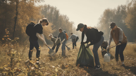 Group of volunteers collecting garbage in the autumn forest. Recycling concept.の素材
