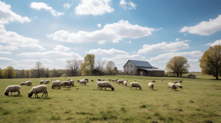 Sheep grazing in a meadow with a barn in the backgroundの素材