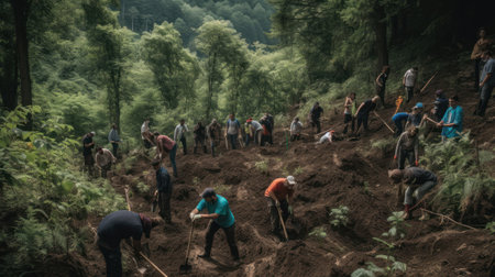 People working in the forest on the hillside in the mountains.の素材