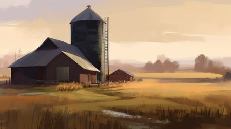 Digital painting of a farm with silos in the morning mist.の素材