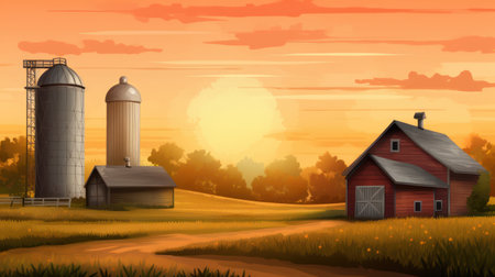 Farm landscape with silos and barn at sunset. Vector illustration.の素材