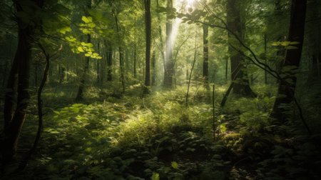 Mysterious dark green forest with sun rays passing through the treesの素材