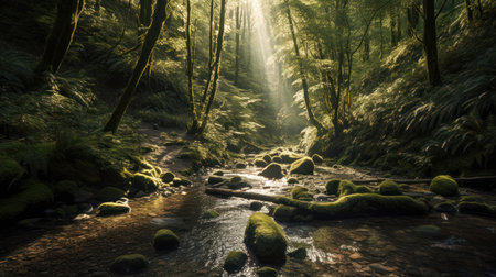 Beautiful landscape image of a forest with a river flowing through itの素材