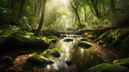 Beautiful green forest with a mountain river flowing through it. Summer landscape.の素材