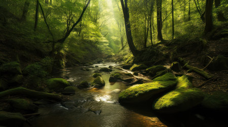 River in a green forest with rocks and sunbeams through themの素材