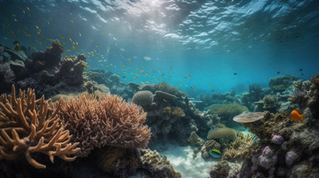 Underwater view of coral reef with tropical fishes and corals.の素材