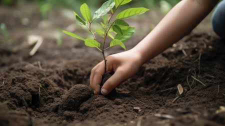 Close up of child's hands planting tree in the soil, selective focusの素材