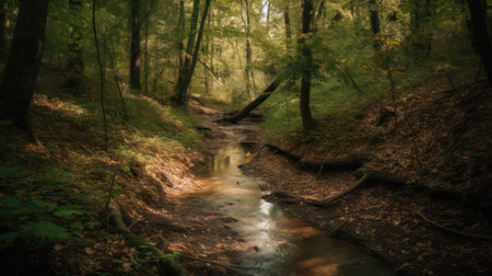 Stream in the autumn forest. Long exposure. Filtered image processed vintage effect.の素材