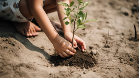 Selective focus on child hands planting tree in the sand. Ecology concept.の素材