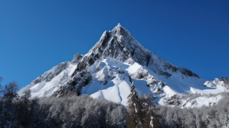 Snowy mountain peak in the Swiss Alps in winter with blue skyの素材