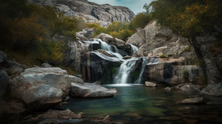 Beautiful waterfall in the mountains. Long exposure shot with long exposure.の素材