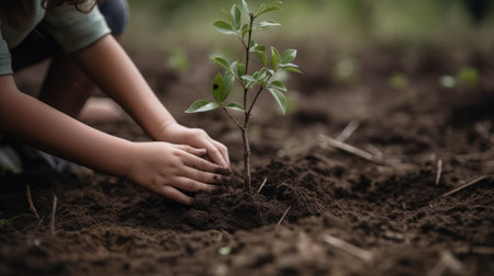 Little boy planting tree in the garden. Concept of earth day.の素材