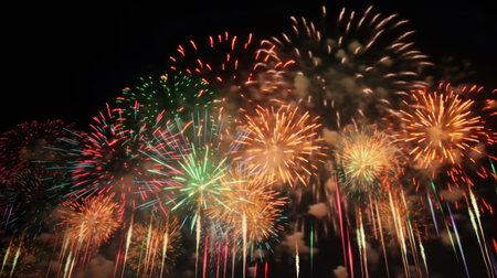 Colorful fireworks of various colors over night sky, celebration and anniversary conceptの素材