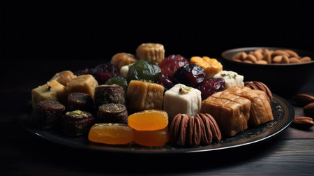 Traditional oriental sweets on a black plate on a wooden background.の素材