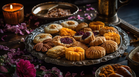 Traditional oriental sweets on a wooden background. Selective focus.の素材