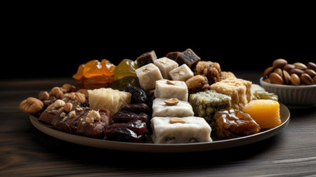 Traditional oriental sweets on a plate on a dark wooden background.の素材