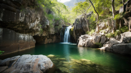 Waterfall in the forest, long exposure shot, wide angle viewの素材