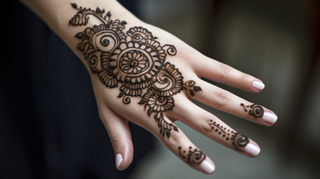 Close up of a female hand with henna tattoo on her handの素材