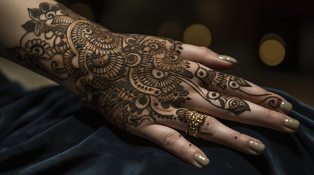 Henna tattoo on the hand of a young woman, close-upの素材