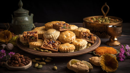 Traditional oriental sweets and cookies on a wooden background. Toned.の素材