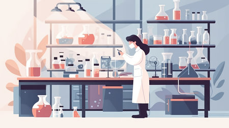 Scientist girl working in laboratory. Vector illustration in flat style.の素材