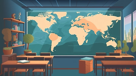 School classroom interior with bookshelf and world map. Vector illustrationの素材