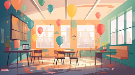 Interior of modern cafe with balloons. Vector illustration in flat styleの素材