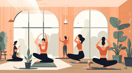 Women practicing yoga in the living room. Vector illustration in flat styleの素材
