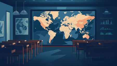 Interior of a classroom with a map of the world in the background. Vector illustrationの素材