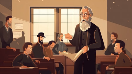 Judge in courtroom. Cartoon vector illustration of judge in courtroom with many people.の素材