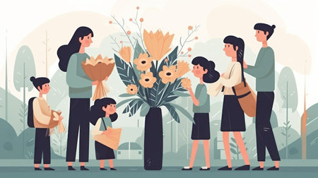Flat vector illustration of a family with children and a bouquet of flowersの素材
