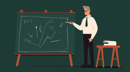 Teacher at the blackboard. Vector illustration in flat style.の素材
