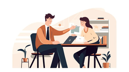Man and woman sitting at table in office, discussing new project. Man and woman sitting at table and working together. Vector illustration in flat cartoon styleの素材