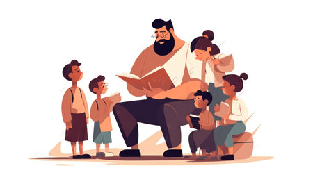 Teacher and pupils. Vector illustration in flat cartoon style isolated on white background.の素材