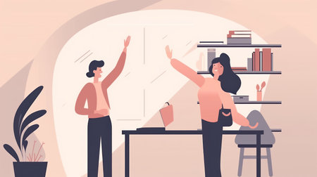 Businesswoman giving high five to her colleague in office. Teamwork concept. Vector illustration.の素材