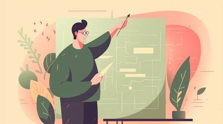 Engineer or architect working on blueprint in his office. Vector illustrationの素材