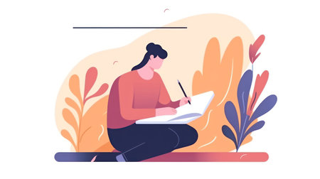 Student studying at home flat color vector faceless character. Young woman writing in notebook at home. Distance education concept for banner, website design or landing web pageの素材