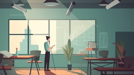 Businessman walking in modern office interior with panoramic window. Vector illustration.の素材