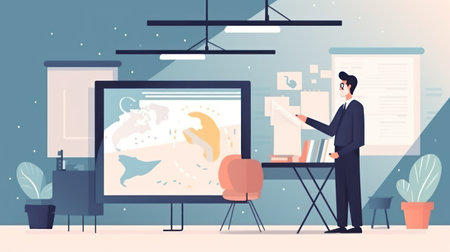 Businessman standing in front of a monitor with charts. Vector illustration in flat styleの素材